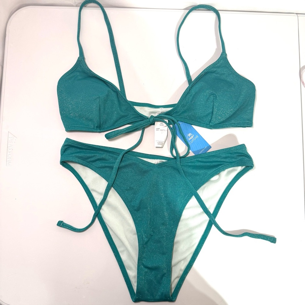 NWT Cupshe Teal Shimmer Bikini Set Tie Front Strappy‎ High Cut Size M